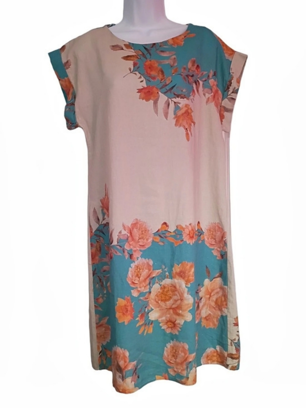 Le Ragazze Floral Knee Length Mini Dress in Blue & Pink Size Medium 55% Linen